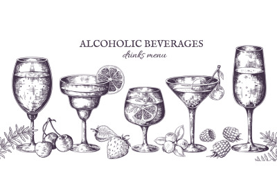 Hand drawn cocktails. Vintage alcoholic menu sketch, liquor beverages