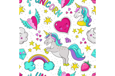 Doodle unicorn pattern. Seamless summer print&2C; cute star heart rainbow