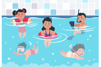 Swimming kids. Cartoon happy children in a pool, flat boys and girls s