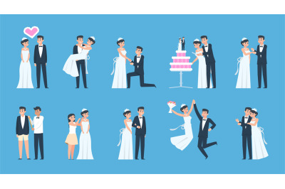 Groom and bride. Cartoon wedding couple in different scenes&2C; preparing