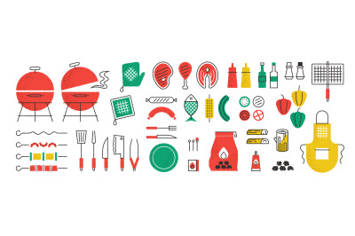 Bbq and grill icons. Summer picnic with cooking barbecue meet and kitc