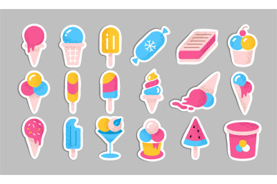 Ice cream stickers. Summer cold dessert set on sticks in cones cups an