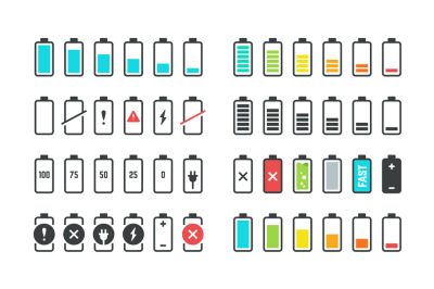 Battery icons. Phone charge level, UI design elements of battery perce