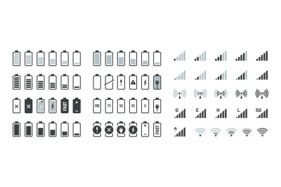 Battery icons. Black charge level gsm and wifi signal strength, smartp