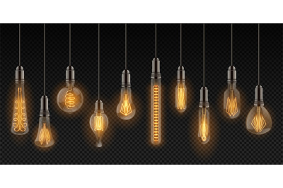 Realistic light bulbs. Vintage lamps hanging on wires, decoration glow