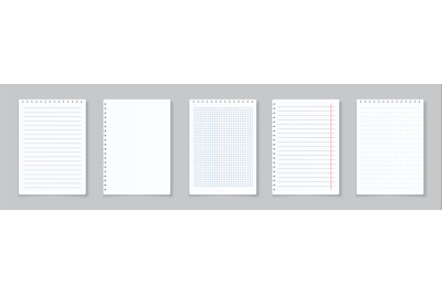 Realistic lined notepapers. Blank gridded notebook papers for homework