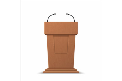 Realistic debate stage. 3D conference speech tribune, business present