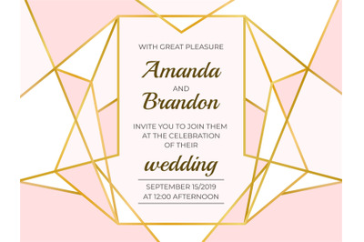 Golden polygonal frame. Elegant wedding invitation border&2C; line luxury