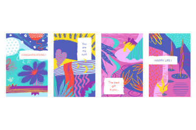 Abstract brush posters. Trendy pastel brash elements with hand drawn p