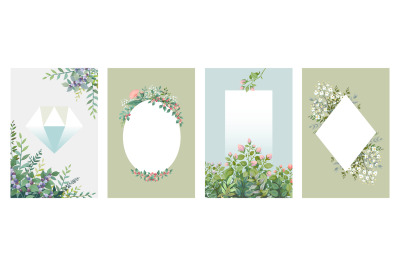 Greenery posters. Trendy floral frames, borders of green leaves and br