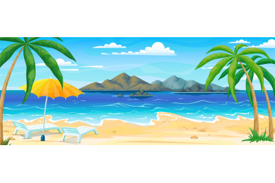 Sea beach summer landscape. Ocean coast panorama with water sand and p