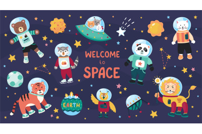 Space animals. Cute cartoon trendy baby animal characters in space sui