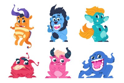 Cartoon monsters. Cute little angry animals&2C; mascot characters with sm