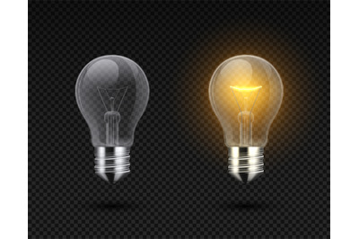 Realistic light bulb. Glowing yellow and white incandescent filament l