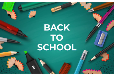 Back to school background. Realistic stationery on chalkboard, pen pen