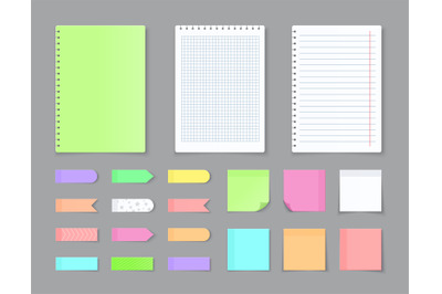 Sticky notebook paper. Adhesive stickers and blank colored sheets with