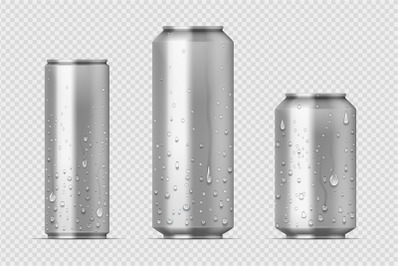 Realistic metal cans. Aluminum bear soda and lemonade cans with water