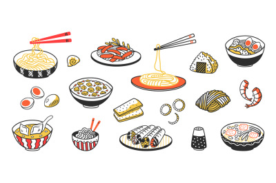 Doodle Asian food. Chinese noodles soup meat slices and sauces. Vector