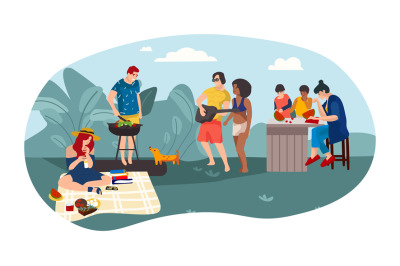 Summer people BBQ Cartoon parents and children spending time together