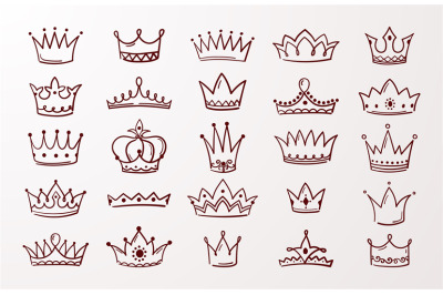 Hand drawn crown set. Sketch queen or king beauty doodle crowns. Vecto