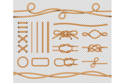 Ship rope elements. Realistic marine loops and knots. Nautical ropes.