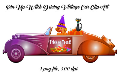Pin Up Witch Driving Vintage Car Clip Art