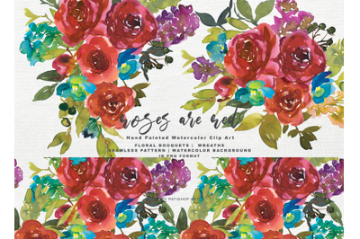 Watercolor Red Roses Clipart Set