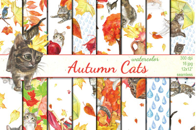 Watercolor Autumn Cats seamless patterns