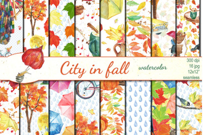 Watercolor City in fall seamless patterns