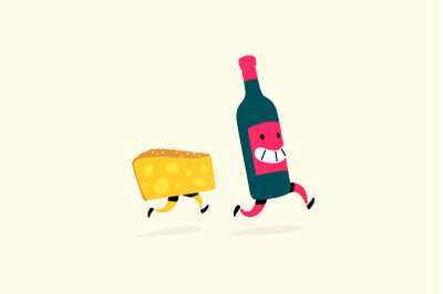 Illustration of running cheese and a bottle of wine.