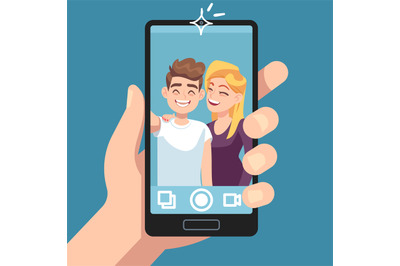 Couple selfie. Young friends make romantic selfie portrait with smartp