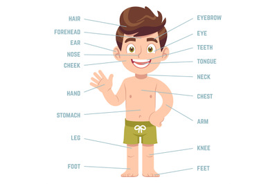 Child body parts. Boy with eye, nose and mouth, hair, ear and callouts