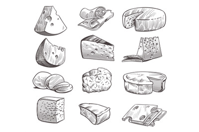 Sketch cheese. Various types of cheeses. Fresh cheddar, feta and parme