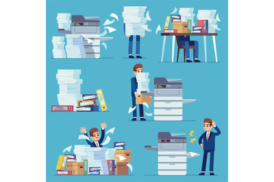 Office documents copier. Printer printing office papers, man with brok