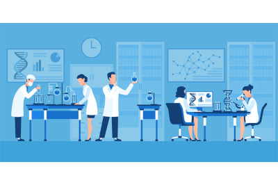 Scientists characters. Chemists in pharmaceutical lab, research with m