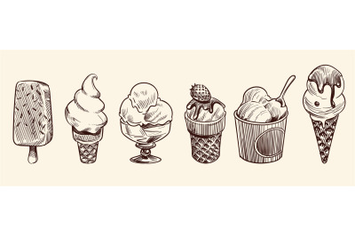 Ice cream dessert. Hand drawn black engraved vintage sweet delicious i