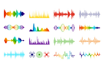 Color sound waves. Audio digital melody wave tracking meter on white b