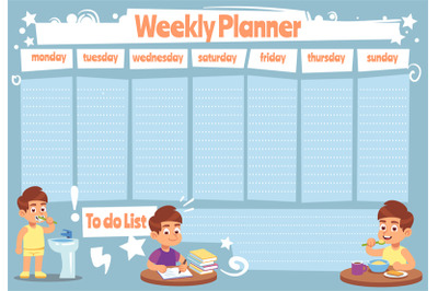 Kid weekly planner. Children cute calendar, weeks design for to do lis