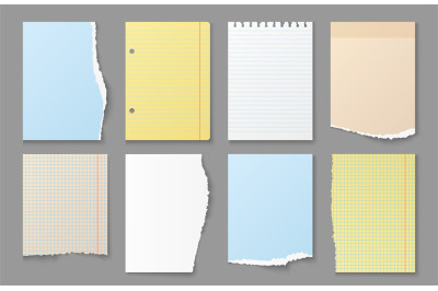 Torn notebook paper. Ripped edges of note sheets, color blank paper me