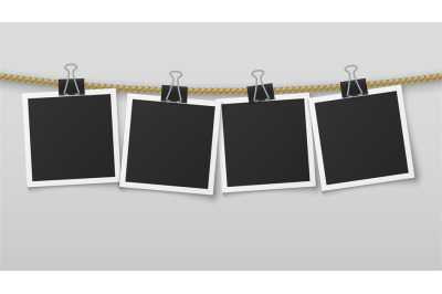 Photo frame hanging on rope. Blank photo paper frames, retro picture e