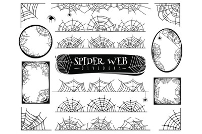 Spider web dividers. Halloween spiderwebs with spiders&2C; cobweb frame a