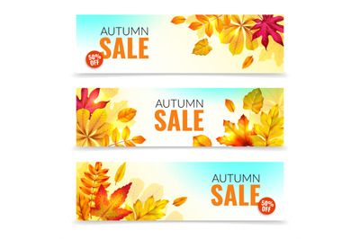 Banners with fall leaves. Autumn season discount offers with red and o