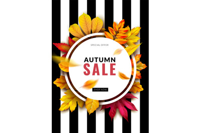 Fall sale. Seasonal autumn promotion design with red and yellow 3d lea