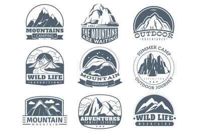 Mountain emblems. Hiking labels with snow mountains peak landscape. Ca