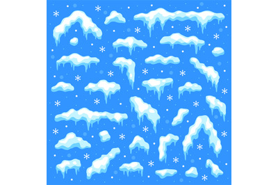 Snow caps. Snowballs and snowdrifts, snowfall and snowflakes. Winter d