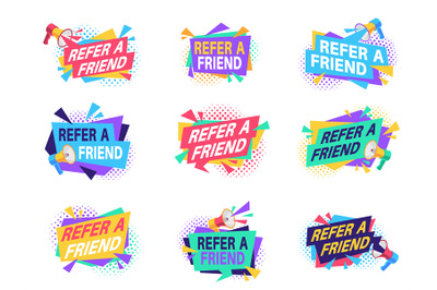 Refer friend badges. Referral program labels with loudspeaker. Suggest