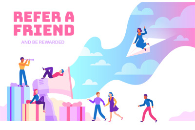 Refer a friend. Friendly people with megaphone referring new users. Bu