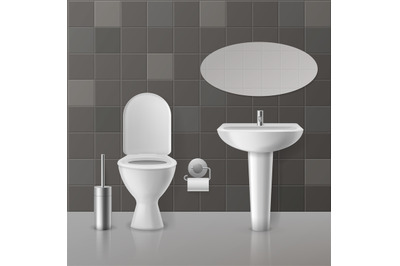 Realistic toilet interior. White toilets mockup and ceramics sanitary