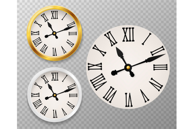 Retro clock face. Tower wall clocks with roman numerals and antique cl