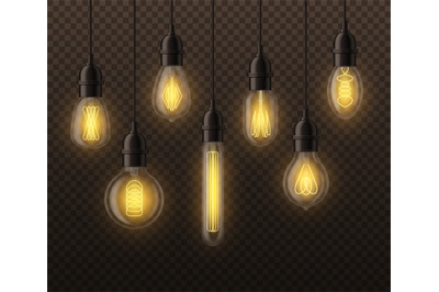 Realistic light bulbs. Hanging vintage edison glowing lamps. Realistic